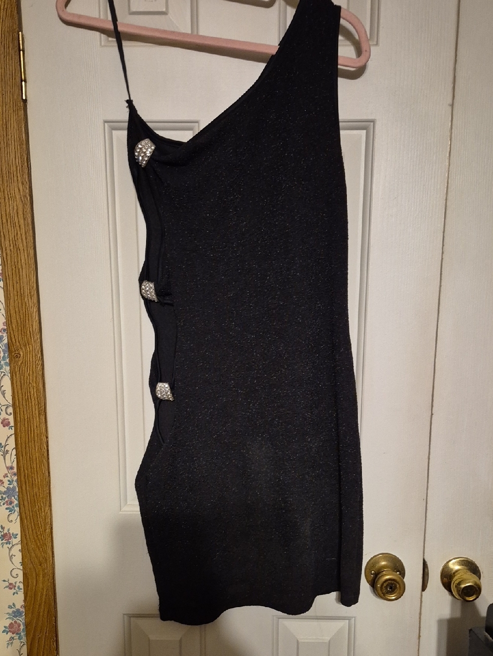 One-Shoulder Black Sparkle Dress with Rhinestone Accents